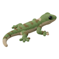 A plush gecko with green and tan coloration resting against a plain isolated studio space view to the right on transparent background png