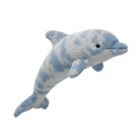 A plush dolphin toy with a blue and white pattern is isolated on a plain colored surrounding area on transparent background png