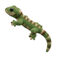 A plush green and tan gecko toy with a striped tail and a cute smile on a plain color isolated setting on transparent background png