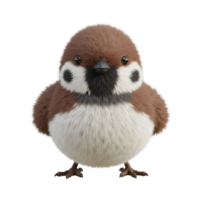 Front facing view of a small brown and white bird with a curious expression on its face posing nicely on transparent background png