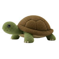 Close up of a plush toy turtle with a brown shell and green head and legs on a plain setting on transparent background png
