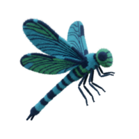 A close up of a blue and green dragonfly with striped wings on a plain colored background image view on transparent background png