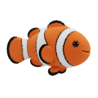 Close up of a plush clownfish with orange and white stripes against a plain colored space around it on transparent background png