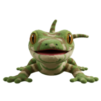 A plush green and tan gecko with big yellow eyes smiles on a plain setting looking at the viewer on transparent background png