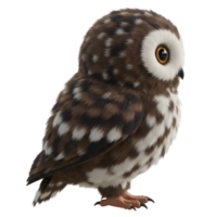A side view of a small owl with brown and white feathers standing on its feet against a plain backdrop on transparent background png