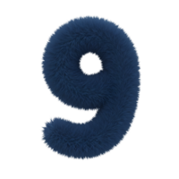 A fluffy navy blue number nine isolated, presented against a featureless plane, digitally rendered and isolated on transparent background png