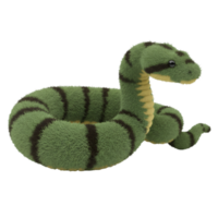 A stuffed green snake with stripes coiled on a plain surface in a studio setting and good lighting on transparent background png