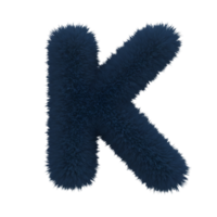 A plush letter k in a deep blue hue stands out against a stark setting with a fuzzy texture effect on transparent background png