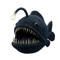 A plush anglerfish with large teeth and a glowing lure against a plain colored surrounding on transparent background png