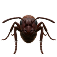 A close up front view of an ant with its antennae and legs visible against a plain backdrop on transparent background png