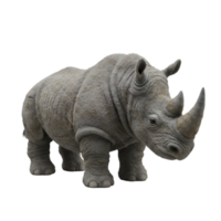 A full body view of a rhinoceros standing with a neutral expression on a plain isolated space here now on transparent background png