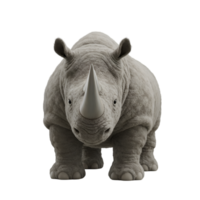 Frontal view of a rhino with a light gray skin tone standing on a plain and simple setting on transparent background png