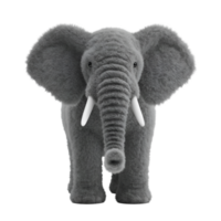 A plush elephant toy standing upright with large ears and tusks on a plain isolated area view front on transparent background png