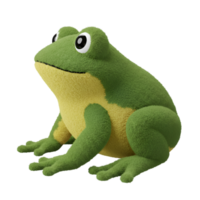 A plush green frog with yellow belly sitting still against a plain isolated surrounding space area on transparent background png