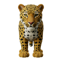Front view of a jaguar with yellow eyes and spotted fur standing upright on a solid color space on transparent background png