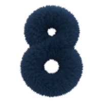 A fluffy number eight in a deep shade of blue with two white circular holes on a plain setting surface on transparent background png