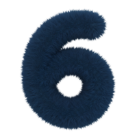 Isolated image of a blue furry number six against a plain space showing texture and depth of the digit on transparent background png