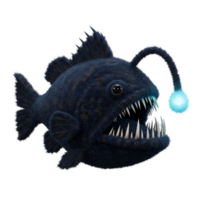 A deep sea anglerfish with sharp teeth and a glowing lure on a transparent background is displayed here png