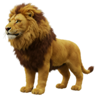 A majestic lion standing regally with its golden fur and imposing mane in a proud stance on transparent background png