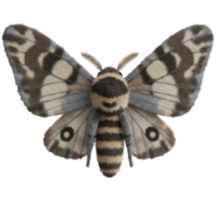A detailed view of a moth with patterned wings and striped body against a solid color ground plane on transparent background png