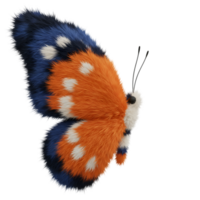 Close up view of a fuzzy butterfly with orange and blue wings and white spots in a studio setting on transparent background png