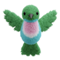 A plush hummingbird toy with green, pink, and blue colors stands against a plain setting view ahead on transparent background png