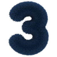 A fluffy navy blue number three against a plain setting adding a whimsical touch to typography art on transparent background png