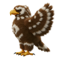 A plush eagle with brown and white feathers standing against a plain area looking to its left side on transparent background png
