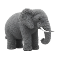 A fluffy gray elephant with white tusks standing in a neutral position on a transparent area isolated on transparent background png