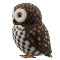 A charming owl with speckled plumage poses with a gentle gaze against a transparent canvas view here now on transparent background png