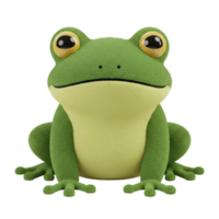 A plush amphibian with bulging eyes and a wide smile sits against a plain studio space backdrop here now on transparent background png