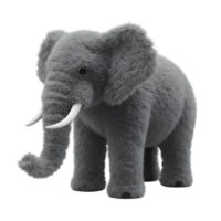 A plush elephant toy standing with visible tusks and ears on a plain solid color backdrop view on transparent background png