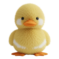 A plush yellow duckling with orange beak and feet stands isolated on a solid color backdrop here now on transparent background png