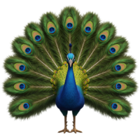 A vibrant peacock with its feathers fully fanned out displaying its unique plumage and coloration on transparent background png