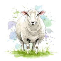 A fluffy sheep standing in green grass with watercolor splatter behind it on a plain setting on transparent background png