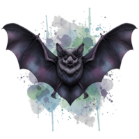 Artistic depiction of a bat with wings spread against a watercolor splatter design element behind it on transparent background png