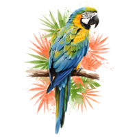 Watercolor parrot perched on a branch with orange and green foliage in the background design art on transparent background png
