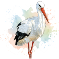 A detailed rendering of a white stork with orange beak and legs standing in a colorful setting on transparent background png