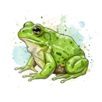 A watercolor style image of a vibrant green frog sitting with a splash of color behind it artfully on transparent background png