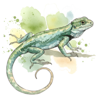 Watercolor style lizard with curled tail and green spots on a transparent canvas texture effect on transparent background png