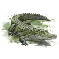 A watercolor style rendering of a crocodile with a textured skin and a watchful yellow eye looking forward on transparent background png