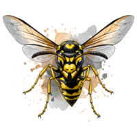 A detailed image of a wasp with transparent wings and yellow and stripes on a neutral backdrop on transparent background png