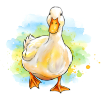 Watercolor style drawing of a duck standing on a colorful splash with a transparent surrounding area on transparent background png