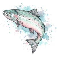 Watercolor style artwork of a salmon with spots and fins against a splashy light backdrop on transparent background png