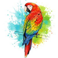 Colorful parrot perching on a wire with watercolor splash effect in the background art drawing style on transparent background png