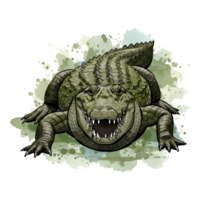 A smiling alligator with visible teeth and textured skin on a watercolor style splash effect on transparent background png