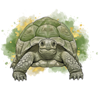 A detailed drawing of a tortoise with a textured shell and watercolor splatters behind it on a plain space on transparent background png