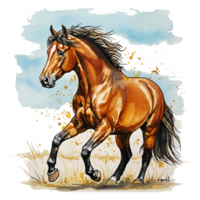 Watercolor painting of a chestnut horse running in a field with a light blue sky above it on transparent background png