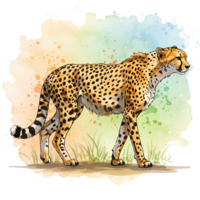 A cheetah standing on a surface with watercolor style spots in the upper portion of the image area on transparent background png