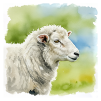 Watercolor painting of a sheep with green and blue soft background and a decorative border around it on transparent background png